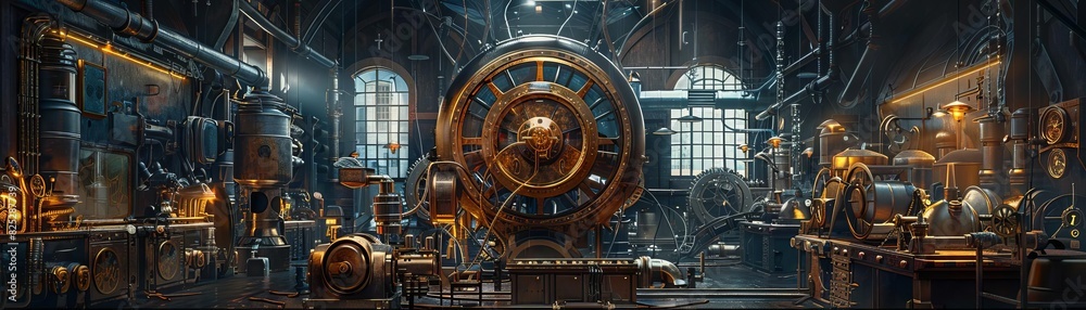 Obraz premium A detailed view of a steampunk-inspired workshop with complex machinery, vintage gears, and an industrial ambiance under dim lighting.
