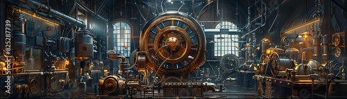 A detailed view of a steampunk-inspired workshop with complex machinery, vintage gears, and an industrial ambiance under dim lighting. photo