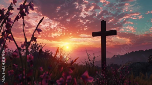 Cross Silhouette in Colorful Sunset Sky 8K Realistic Rendering