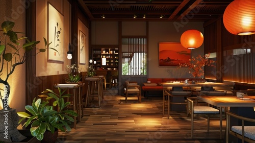 3D rendering of an interior design for a modern Asian restaurant with wooden furniture and warm lighting in the evening time. A Japandi