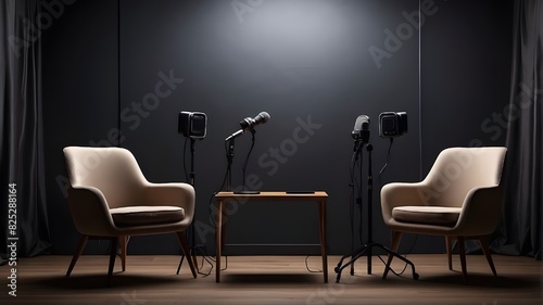 A broad banner for media talks or podcast streamers conceptions with copyspace is created by two chairs and microphones in a podcast or interview room against a dark background.