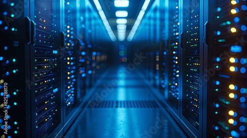 Rows of Servers in a Data Center With Bright Lights