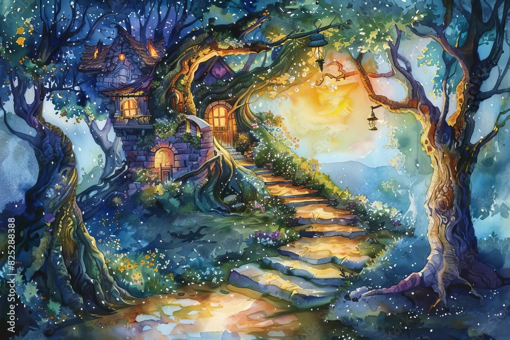 Whimsical fantasy forest with magical treehouse, glowing lights, and winding stone path at twilight. Enchanting digital artwork.