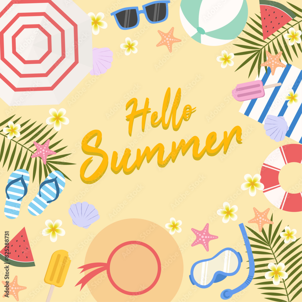 Hello summer vacation background vector illustration with summer beach concept for banner, poster and card template Hello summer vacation background vector illustration with summer beach concept for banner, poster and card template