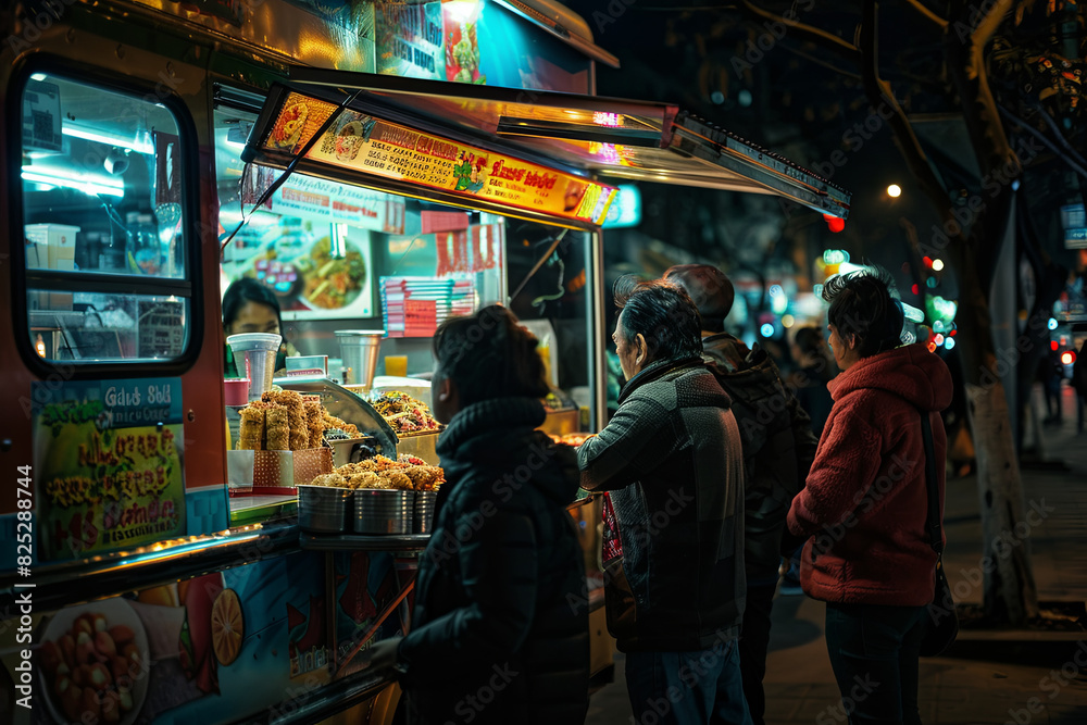 People queuing at food truck for late-night snacks after fun night People queuing at food truck for late-night snacks after fun night