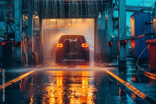 Vehicle in car wash covered with soap suds and water during an evening cleaning