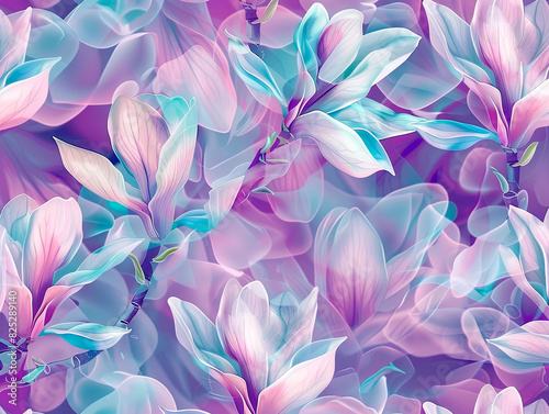 Pink Chinese or saucer magnolia flowers, Magnolia x soulangeana, beautiful and mysterious magnolia, patterns in iridescent colors, vibrant, elegant, mystical background, light mist, detailed