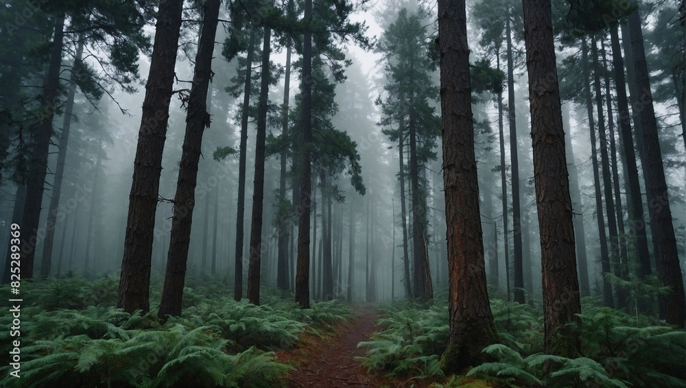 A dense forest of towering pine trees A dense forest of towering pine trees