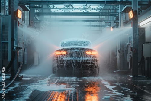 Illuminated rear view of a car in an automatic car wash station, with soap foam and water jets photo
