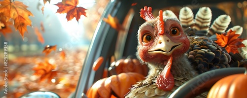 Hilarious Thanksgiving Turkey Taking a Joyride in a Car photo