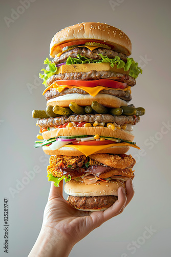Hand holding large stack of junk food, representing unhealthy overeating