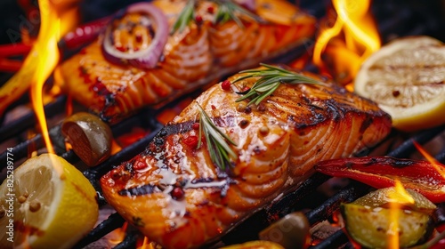 Grilled salmon served with an assortment of vegetables, sizzling on a flame.

 photo