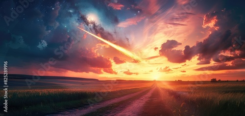 Meteorites fiery path towards Earth with a comet trail close up, celestial event theme, vibrant, overlay, wideopen field as backdrop
