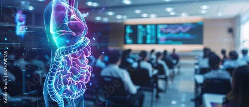 3D holographic model of human intestines in a biology lecture selective focus, education theme, whimsical, manipulation, lecture hall as backdrop photo