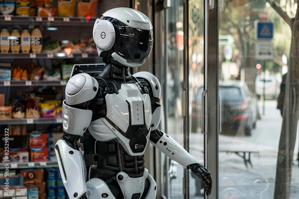 Humanoid robot delivering groceries, showcasing future automation Humanoid robot delivering groceries, showcasing future automation