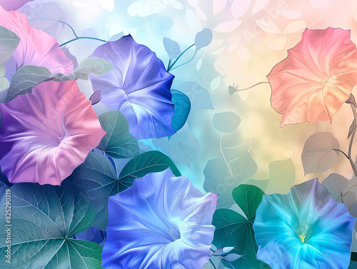 Blue Morning glory. beautiful and mysterious Morning Glory flower, patterns in classic colors, vibrant, elegant, mystical background, light mist
