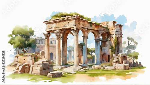 Temple ruins in an ancient citys Illustration   photo