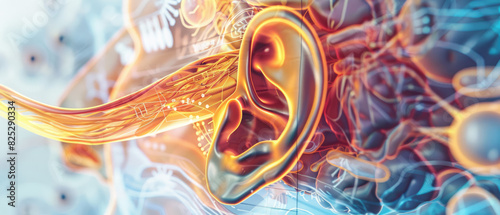 Diagram of the auditory pathway highlighting the ear anatomy close up, anatomical theme, realistic, double exposure, medical textbook as backdrop photo