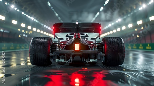 Photorealistic rear view of an F1 car in full throttle, glistening under stadium lights, exhaust releasing smoke, sharp focus on spoiler and rear tires, CG 3D rendering