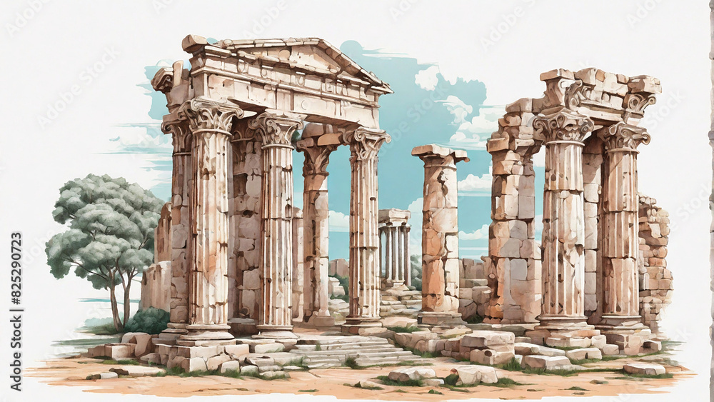 Temple ruins in an ancient citys Illustration Temple ruins in an ancient citys Illustration