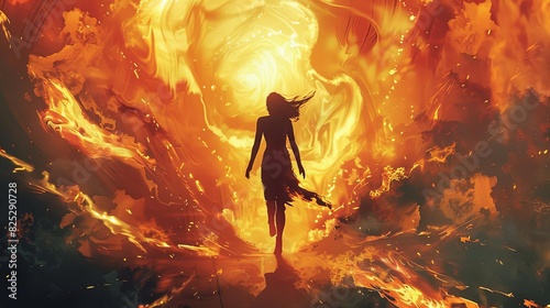 fiery woman walking through flames unmatched strength and beauty concept illustration