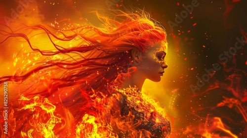 fiery woman with flaming hair walking through flames powerful and passionate digital art
