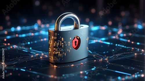 Data security padlock with a keyhole on a convergent point of circuit. Privacy of information and cyber data. Network security, digital safety now, and future technology security photo