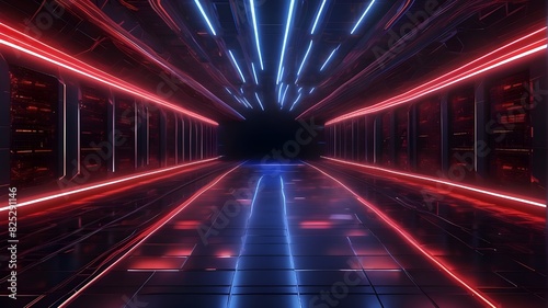 Abstract futuristic technological background featuring lines representing servers, networks, huge data, data centers, internet, and speed. neon signs in red and dark blue that lead to a digital techno