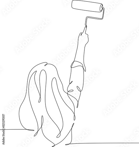 Continuous one line drawing of roller brush painting worker painting on surface wall painting apartment renovating. One line minimal concept.