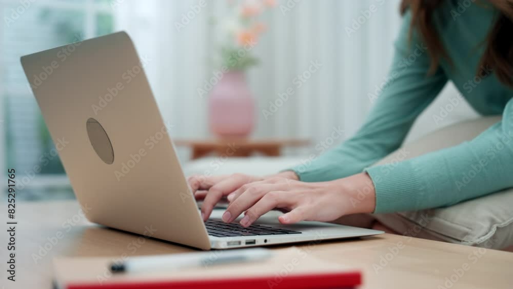 A young woman happily sits on a sofa using a laptop to do online work at home. A young woman happily sits on a sofa using a laptop to do online work at home.