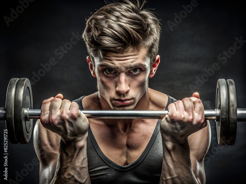 A photorealistic close-up of a young athlete's hand gripping a barbell, veins prominent, jaw clenched with unwavering focus as he prepares to lift.