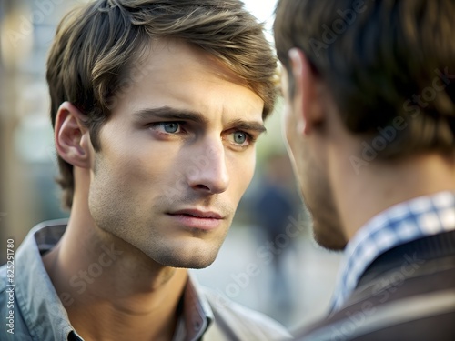 A photorealistic close-up of a man listening intently to a friend, his body turned slightly towards him, a gentle and concerned expression on his face.
