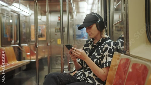 Young urban woman using New York subway. Girl sitting on the metro train, listening to music and scrolling on her phone. 