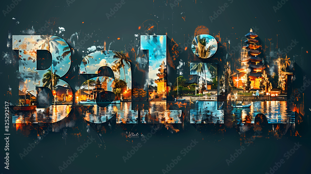 Obraz premium Bali city destination poster in the style of film photo montage depicting iconic landmarks and scenes from the city. Vacation and international travel concept.