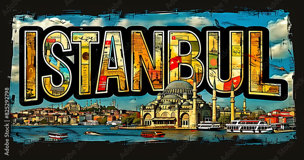 Obraz premium Istanbul city destination poster in the style of film photo montage depicting iconic landmarks and scenes from the city. Vacation and international travel concept.
