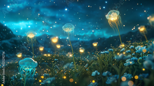 Bioluminescent plant-like creatures, resembling floating jellyfish orbs, roam freely in a glowing forest under a starlit sky The air is filled with a gentle hum as the creatures emit a soft photo