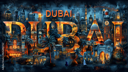 Dubai city destination poster in the style of film photo montage depicting iconic landmarks and scenes from the city. Vacation and international travel concept.