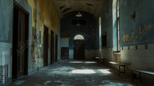 An abandoned hospital hallway  the walls painted in faded blue and cream hues with peeling paint  light filtering through broken windows  evoking a sense of eerie stillness and decay.