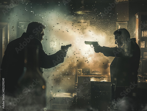 Power Struggle, Gun, Ruthless, Tense negotiation between rival gang leaders in a smoky backroom, Thunderstorm, Realistic, Golden Hour, HDR photo
