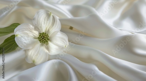 White dogwood flower on white satin fabric.