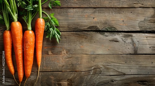 fresh organic carrots on a rustic wooden background healthy vegetable food ingredient top view photo