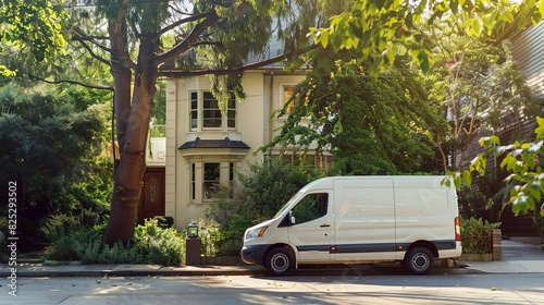fresh organic locally sourced grocery delivery van parked outside suburban home photo
