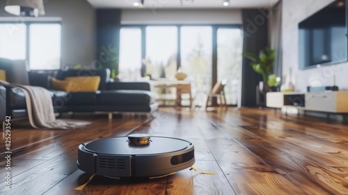 Robotic vacuum cleaner on a wooden floor in a smart home.

 photo