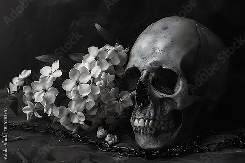 Still life composition a human skull accompanied by delicate white flowers and chain