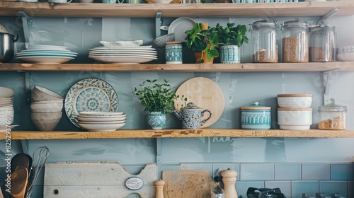 Open shelves displaying handmade ceramic dishes.