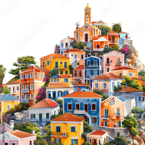 Sunny view of ano symi with colorful houses and clocktower, dodecanese islands, greece isolated on white background, hyperrealism, png
 photo