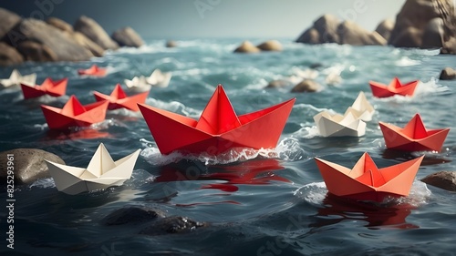 In choppy waters, a red paper boat navigates a group of little white boats around rocks. notion of leadership, Paper boats think differently and go in different directions.
