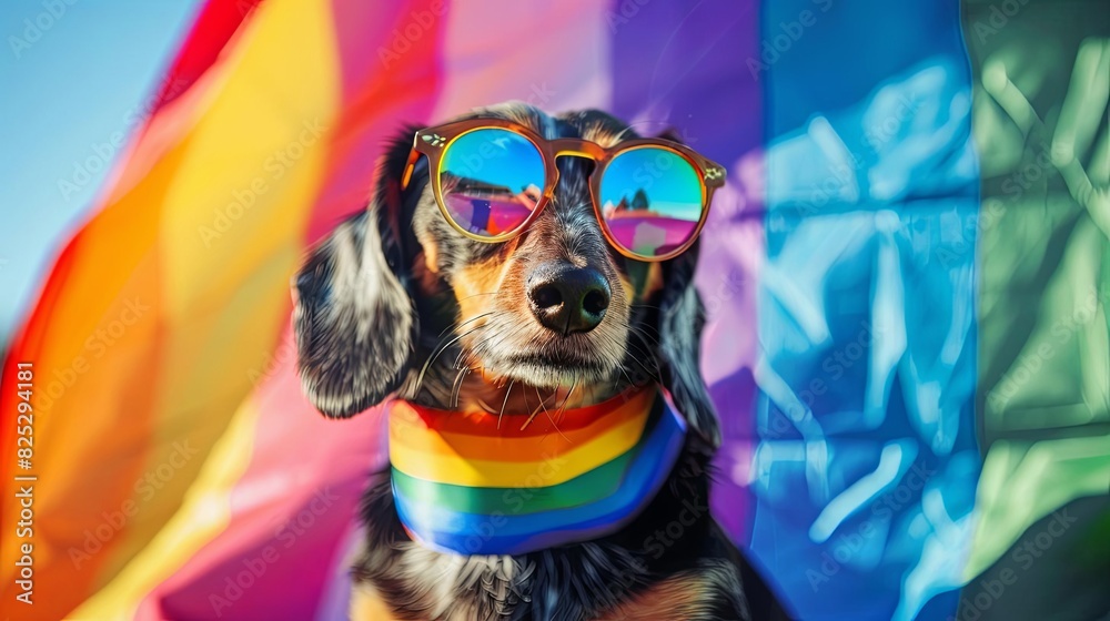Fototapeta premium funny dachshund in sunglasses at summer pride parade rainbow flags vacation vibes digital painting