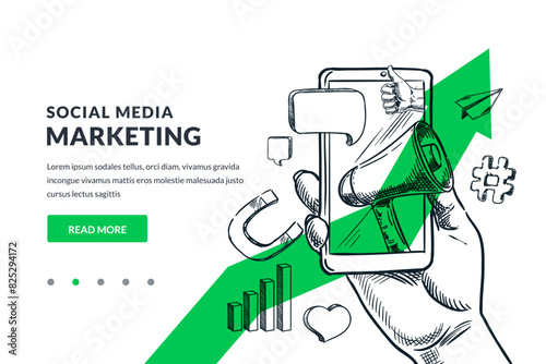 Social media marketing and advertisement, communication business concept. Human hand holding smartphone with digital marketing symbols on green arrow background. Vector hand drawn sketch illustration