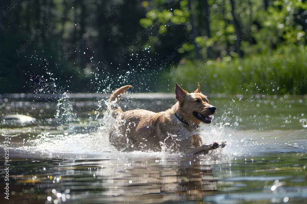A playful dog splashing in a pond on a hot summer day, enjoying the refreshing water and the outdoors A playful dog splashing in a pond on a hot summer day, enjoying the refreshing water and the outdoors